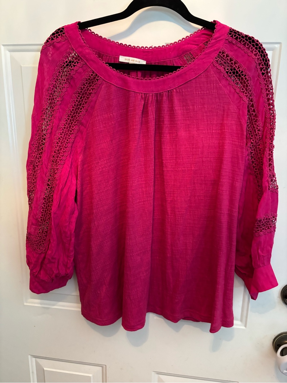Skies Are Blue Fuchsia Crochet-Trim Peasant Blouse